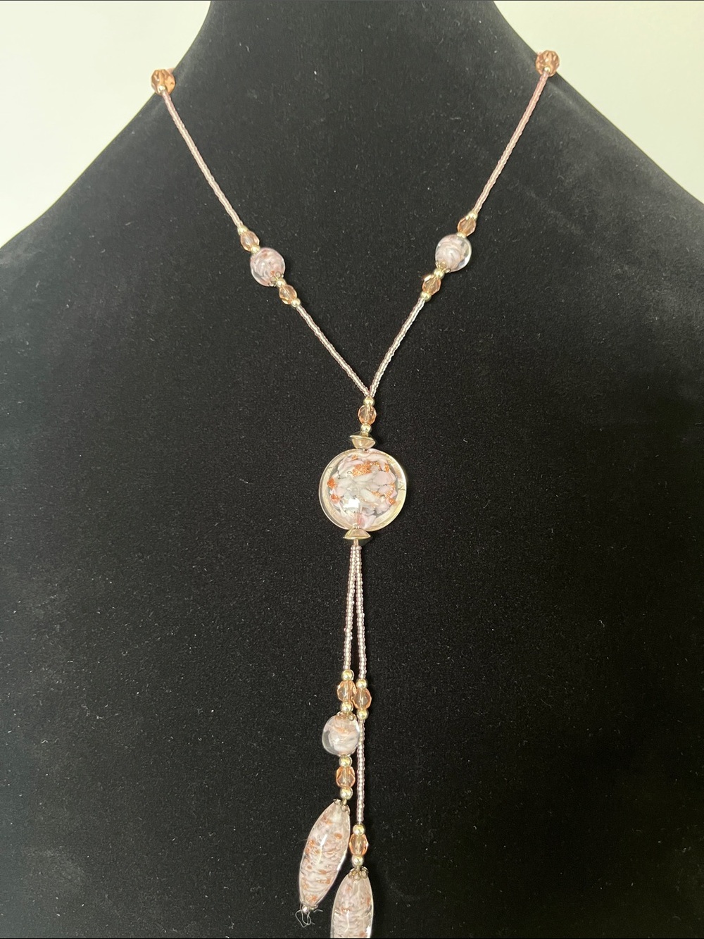 Delicate Pink and Champagne Beaded Lariat Necklace
